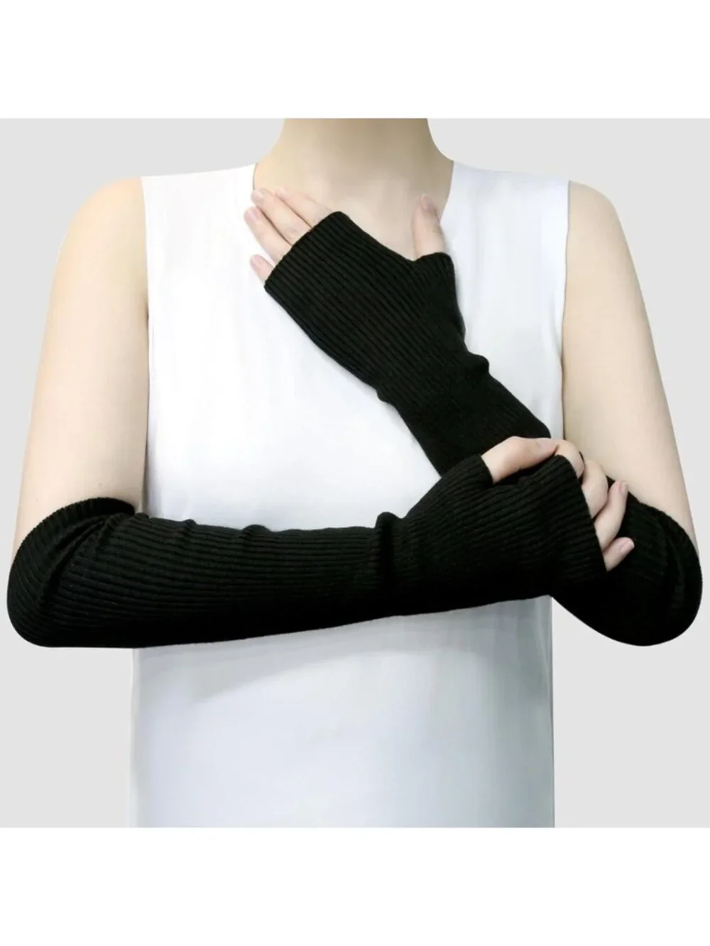 Cozy Cashmere Blend Winter Fingerless Gloves for Women - Soft Black Arm Warmers